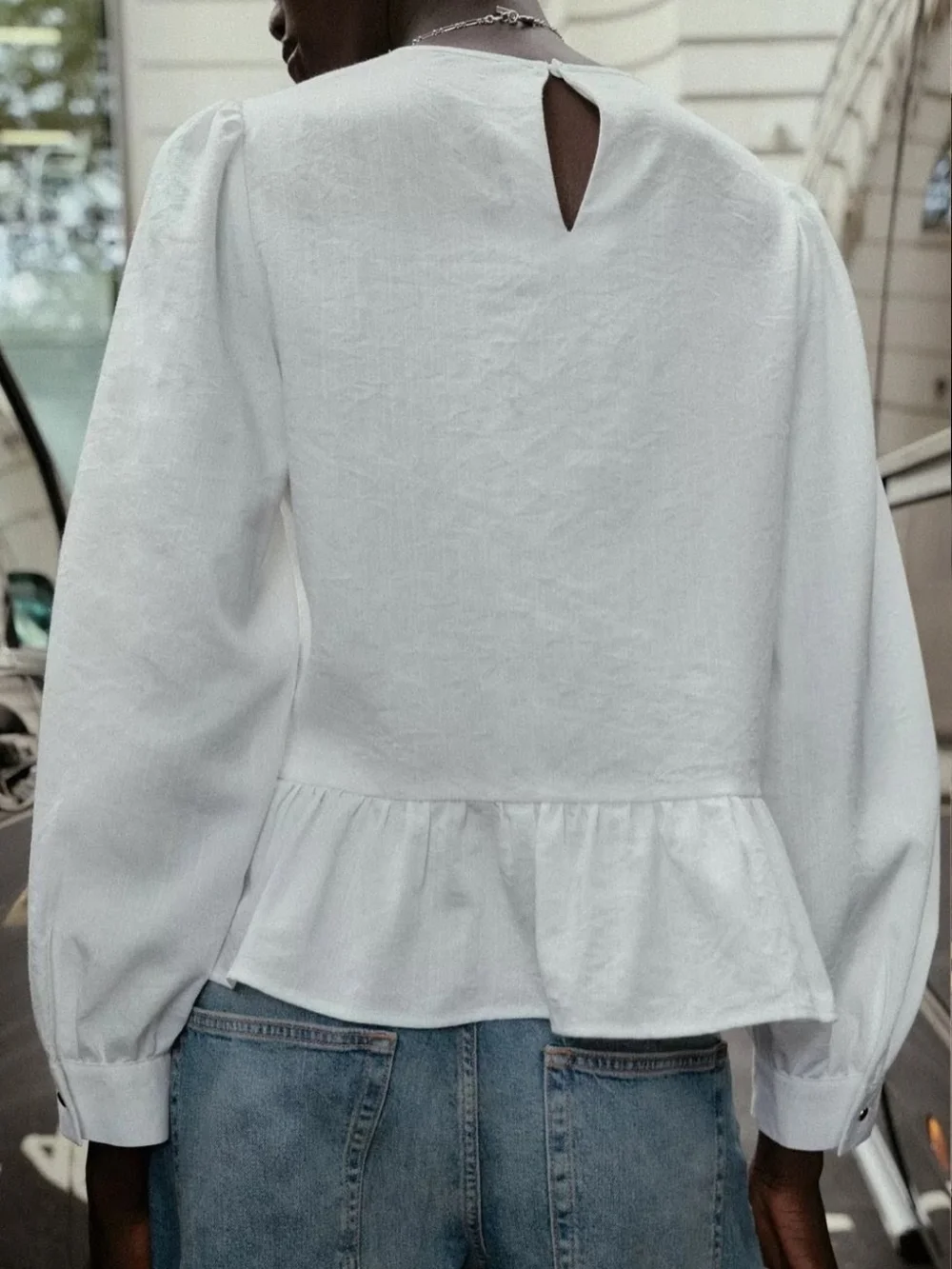 Zara Ladder Stitch Peplum Blouse White Pleated Size Large
